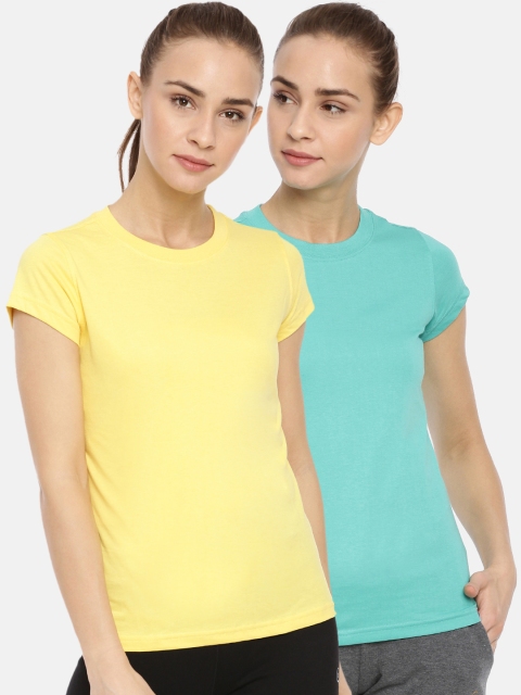 

Macrowoman W-Series Women Pack of 2 Turquoise Blue & Yellow Solid Round Neck T-shirts
