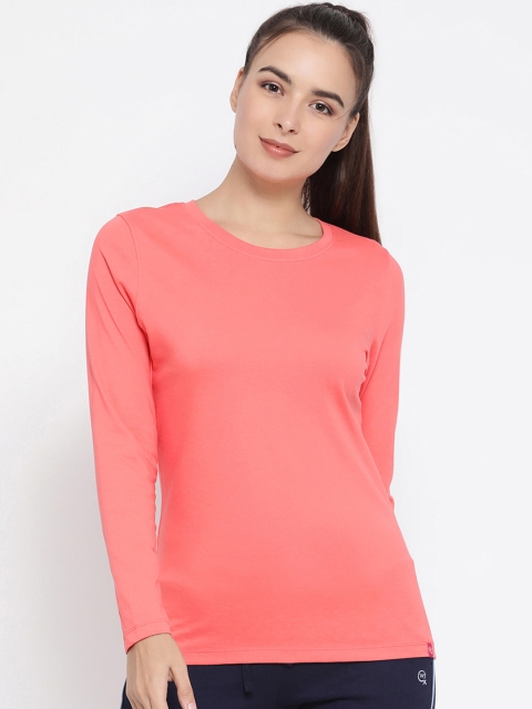 Macrowoman W-Series Women Coral Pink Solid Round Neck T-shirt