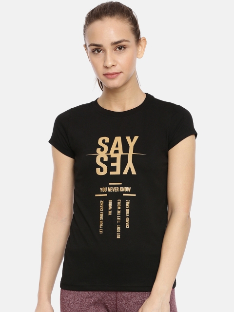 

Macrowoman W-Series Women Black & Yellow Printed Round Neck T-shirt