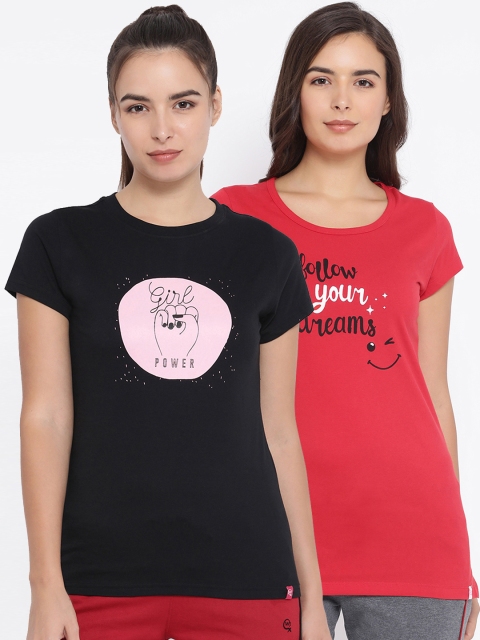 

Macrowoman W-Series Women Pack Of 2 Printed Round Neck T-shirts, Black