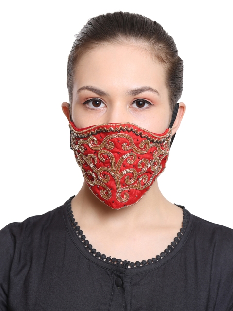

Anekaant Women Red & Gold-Toned Embellished 3-Ply Reusable Mask