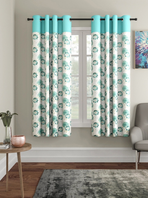 

Soumya Single White & Turquoise Blue Room Darkening Window Curtain