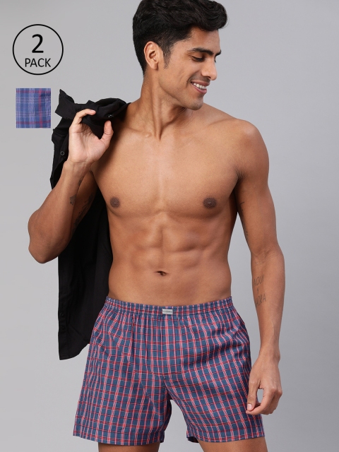 

Mast & Harbour Men Pack Of 2 Checked Pure Cotton Boxers, Navy blue