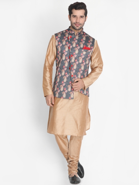 

VASTRAMAY Men Gold & Grey Printed Kurta with Pyjamas & Ethnic Jacket