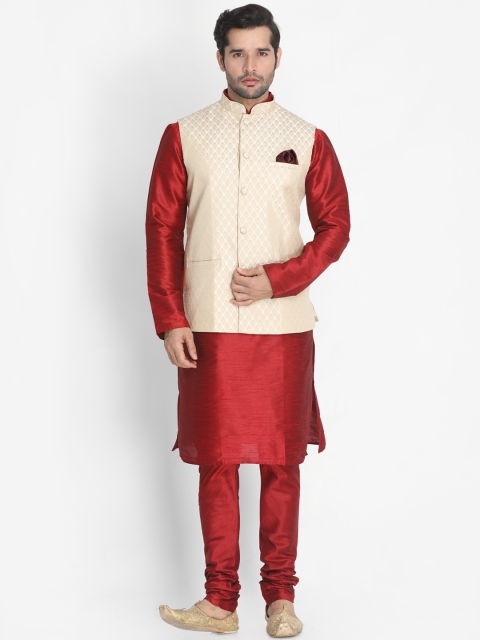 

VASTRAMAY Men Maroon Self Design Kurta with Pyjamas and Nehru Jacket