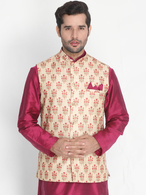 

VASTRAMAY Men Beige & Red Ethnic Motifs Printed Nehru Jacket