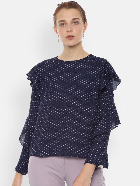 

Van Heusen Woman Navy Blue & White Ruffled Printed Top