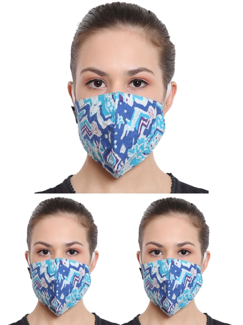 

Anekaant Women 3-Pcs Blue & White 3-Ply Reusable Cotton Printed Fabric Fashion Masks