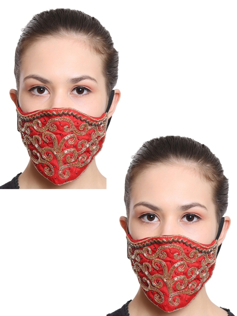 

Anekaant Women Pack Of 2 Pcs Red Embellished 3-Ply Reusable Outdoor Fabric Masks
