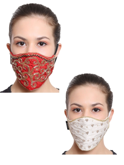 Anekaant Pack of 2 3-Ply Reusable Art Silk Embellished Fabric Fashion Mask, Red