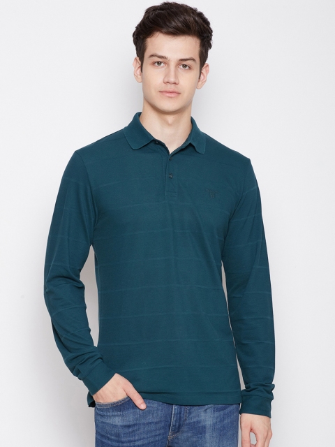 

GANT Men Teal Green Striped Polo Collar T-shirt