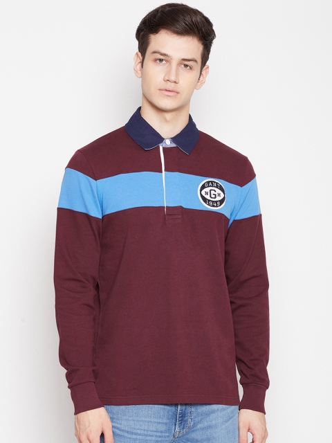 

GANT Men Maroon & Blue Colourblocked Polo Collar T-shirt