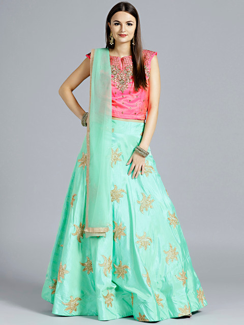 

Chhabra 555 Sea Green & Pink Embellished Made to Measure Lehenga & Blouse with Dupatta