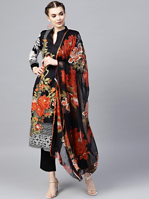 

Chhabra 555 Women Black & Red Floral Printed Kurta with Trousers & Dupatta