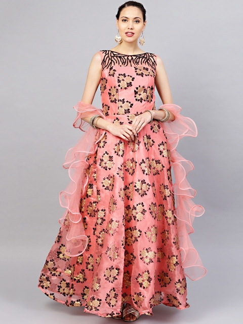 

Chhabra 555 Women Pink Embellished Ethnic Maxi Dress with Ruffled Dupatta
