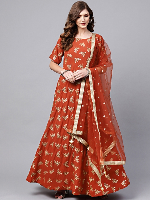 

Chhabra 555 Women Orange Printed Made To Measure Maxi Dress