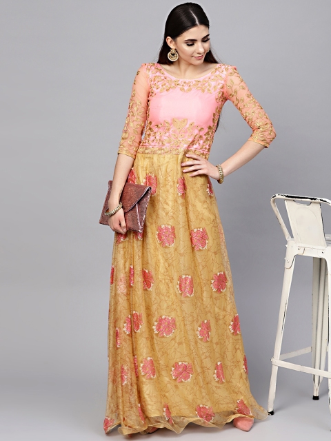 

Chhabra 555 Women Pink Self Design Maxi Dress, Gold