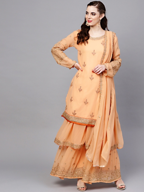 

Chhabra 555 Women Peach & Gold Embroidered Kurti with Sharara & Dupatta