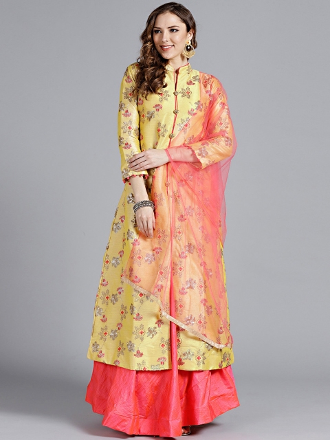 

Chhabra 555 Mustard & Pink Embroidered Made to Measure Lehenga & Blouse with Dupatta