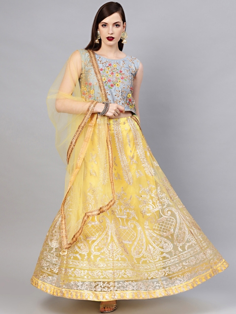 

Chhabra 555 Yellow & Grey Embroidered Made to Measure Lehenga & Blouse with Dupatta