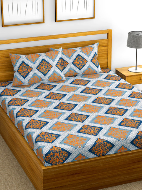 

URBAN SPACE Blue & Orange Ethnic Motifs 200 TC Cotton 1 Queen Bedsheet with 2 Pillow Covers