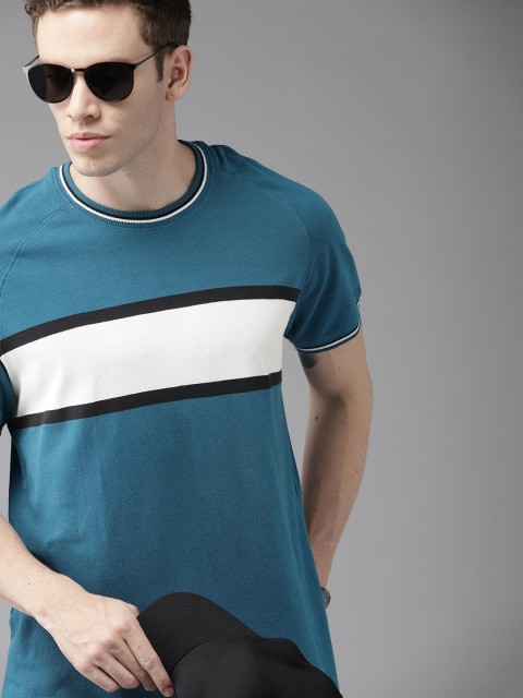 

Roadster Men Teal & White Colourblocked Pure Cotton T-shirt