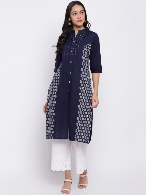 

Shakumbhari Women Navy Blue & White Paisley Print Straight Kurta
