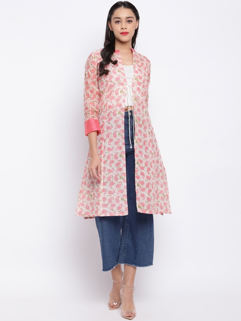 

Shakumbhari Women Pink & White Printed Tie-Up Shrug