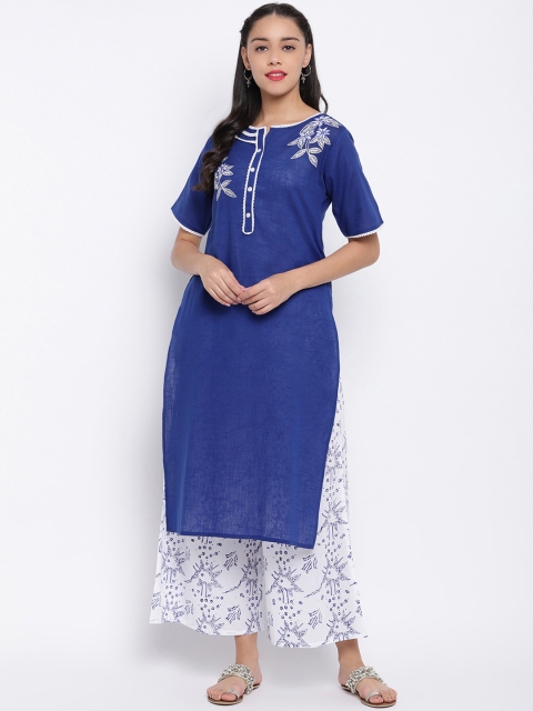 

Shakumbhari Women Blue & White Embroidered Kurta with Palazzos