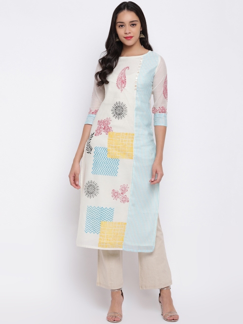 

Shakumbhari Women White & Blue Printed Straight Kurta