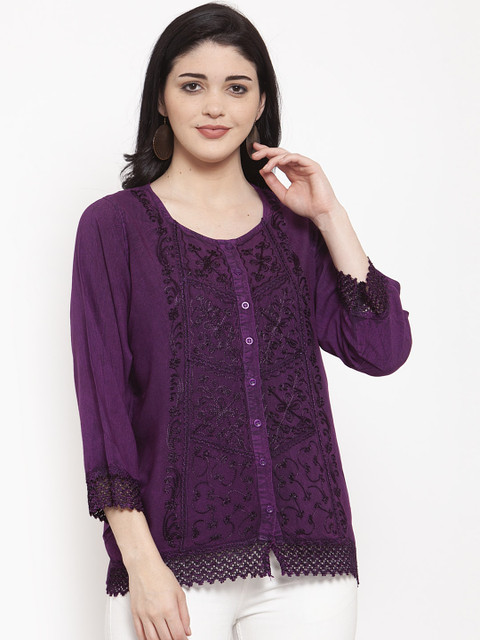 

ANAISA Women Purple Embroidered Shirt Style Top