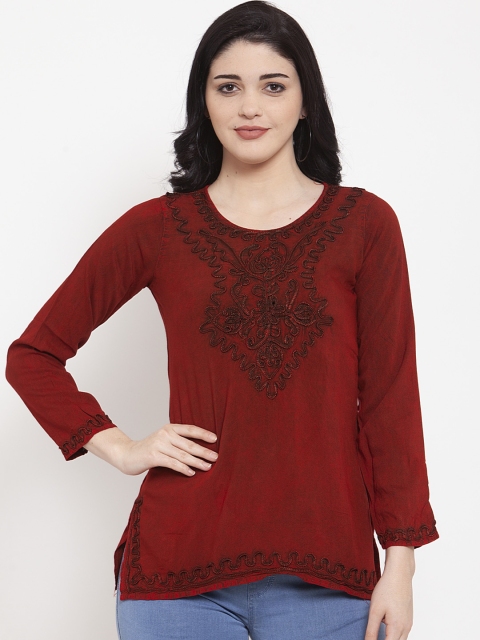 

ANAISA Women Maroon & Brown Embroidered Top