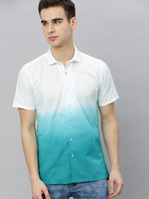 

Mast & Harbour Men White & Teal Green Slim Fit Ombre Dyed Casual Shirt