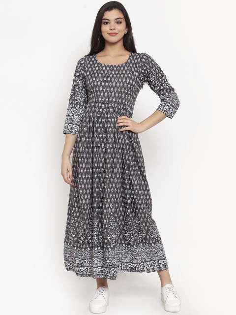 

ANAISA Women Black Printed Fit and Flare Dress, Grey