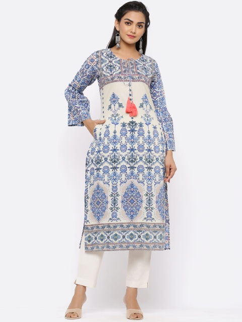 

Juniper Women Off-White & Navy Blue Printed Straight Kurta