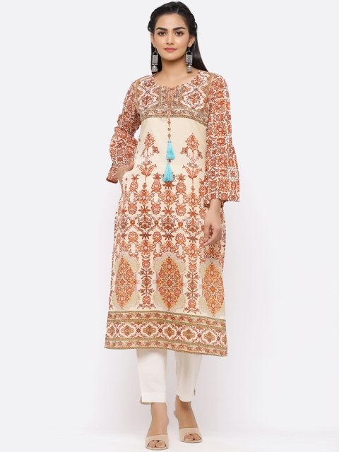 

Juniper Women Rust Orange & Brown Cambric Printed Straight Kurta