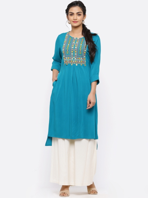 

Juniper Women Turquoise Blue Yoke Design Straight Kurta