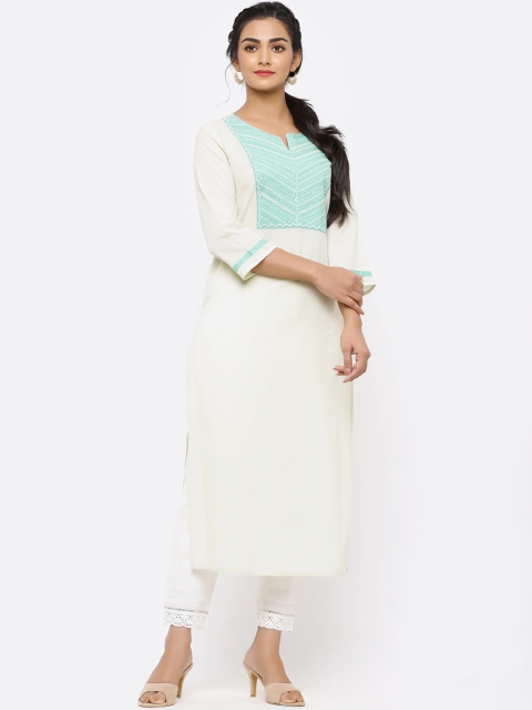 

Juniper Women Off-White & Sea Green Cambric Embroidered Yoke Design Straight Kurta