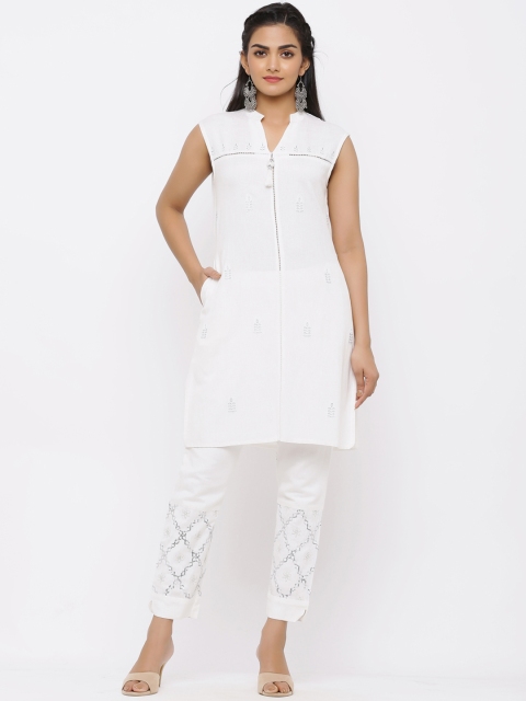 

Juniper Women White Self Design Kurta with Trousers