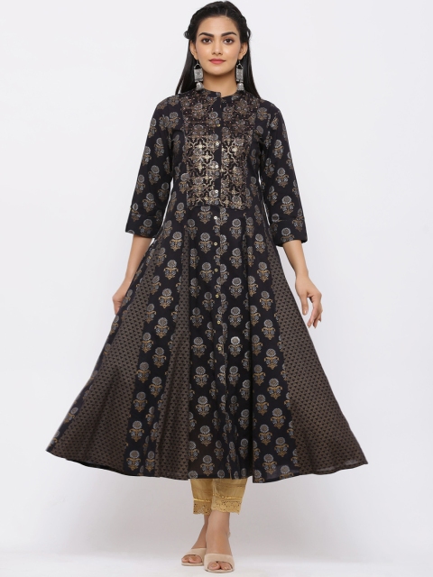 

Juniper Women Black & Gold-Toned Foil Print Anarkali Kurta