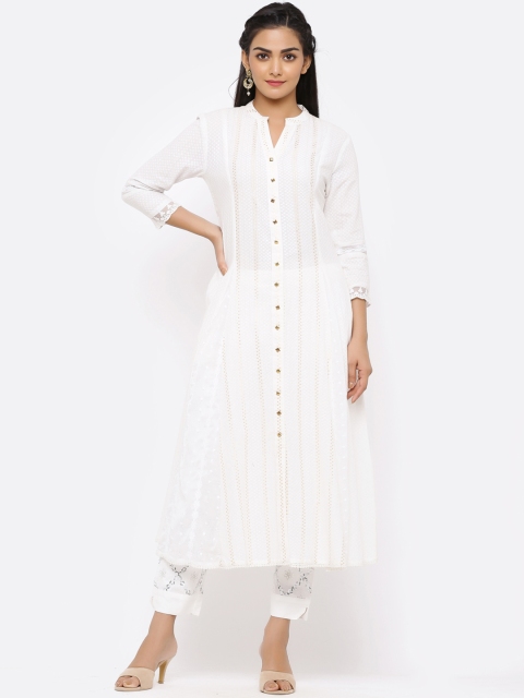 

Juniper Women White & Gold Woven Design A-Line Kurta