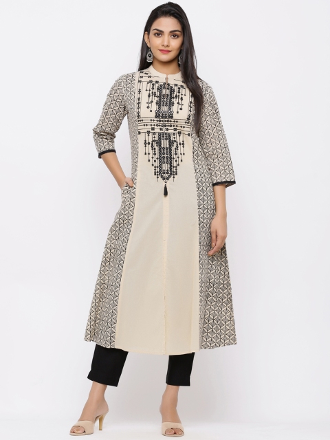 

Juniper Women Beige & Black Yoke Design A-Line Kurta