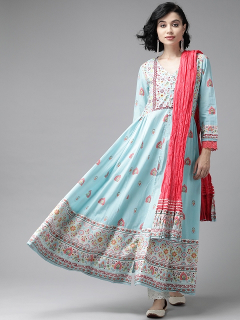 

Juniper Women Turquoise Blue & Pink Printed Anarkali Kurta