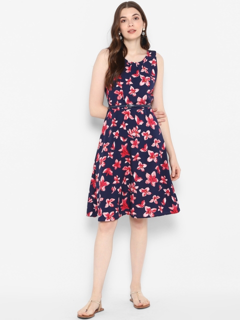 

KVL Women Navy Blue Printed Fit and Flare Dress