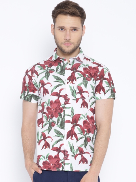 

People White & Maroon Floral Print Slim Casual Shirt