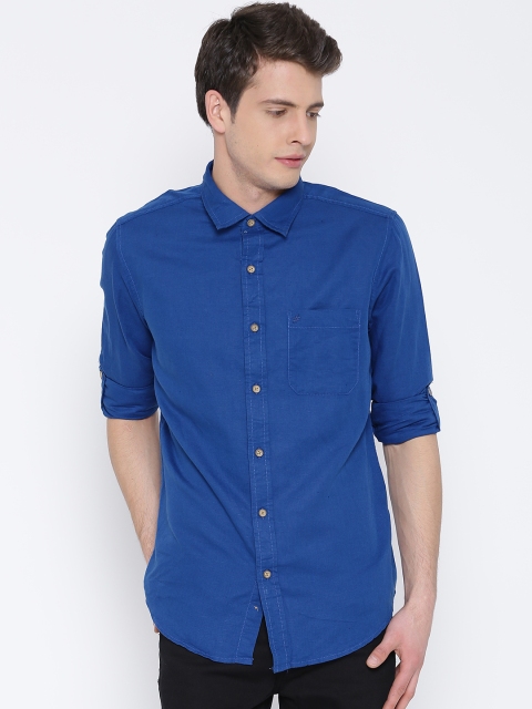 

People Blue Linen Slim Casual Shirt