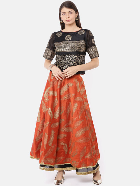 

Ira Soleil Orange & Black Printed Ready to Wear Lehenga & Blouse