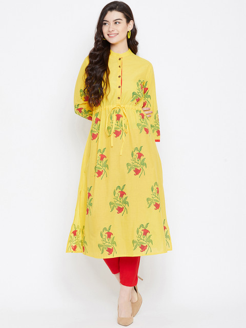 

Tulsattva Women Yellow Floral Print A-Line Kurta