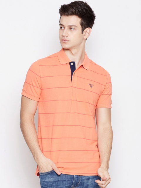 

GANT Men Coral Orange Striped Polo Collar T-shirt