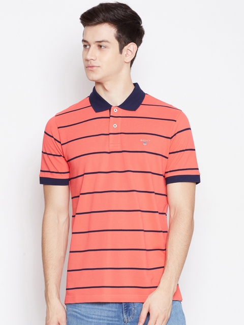 

GANT Men Coral Orange & Navy Blue Striped Polo Collar T-shirt